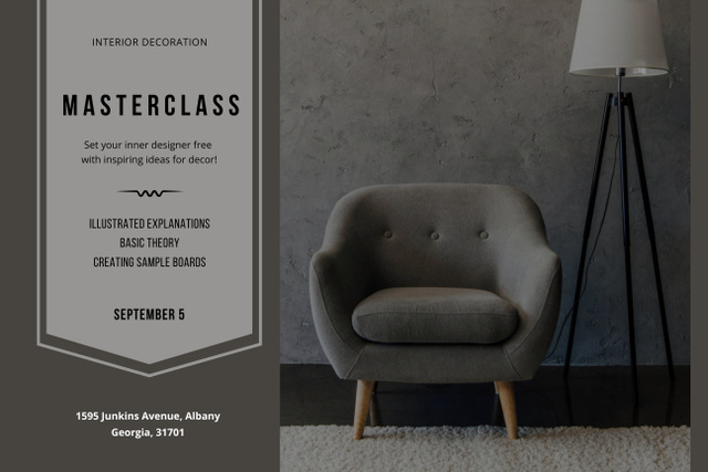 Interior Design Masterclass Ad with Chair and Lamp Poster 24x36in Horizontal Design Template