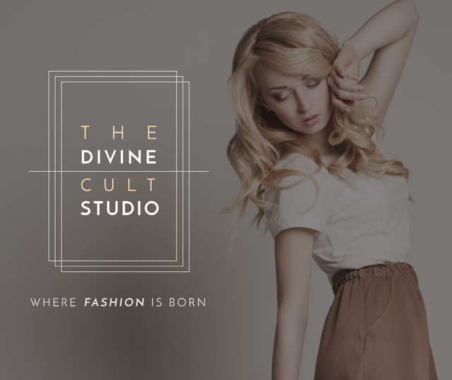 Fashion Studio Ad Blonde Woman in Casual Clothes Facebook Design Template