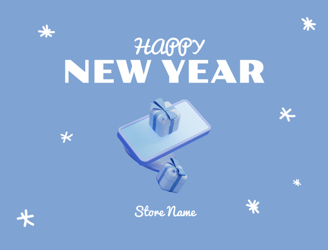 Modèle de visuel New Year Holiday Greeting with Phone and Gift on Blue - Postcard 4.2x5.5in