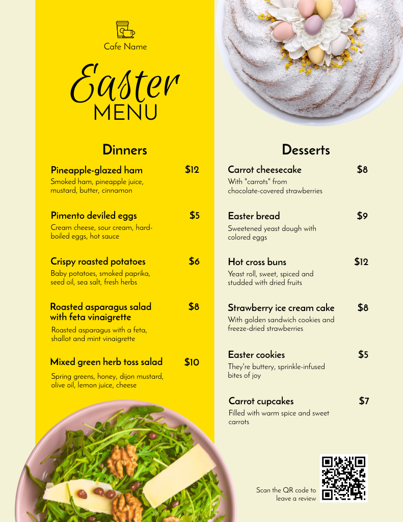 Easter Meals List with Delicious Dish and Sweet Dessert Menu 8.5x11in Design Template