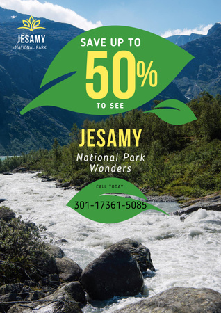 Ontwerpsjabloon van Poster van National Park Tour Offer with Forest and Mountains
