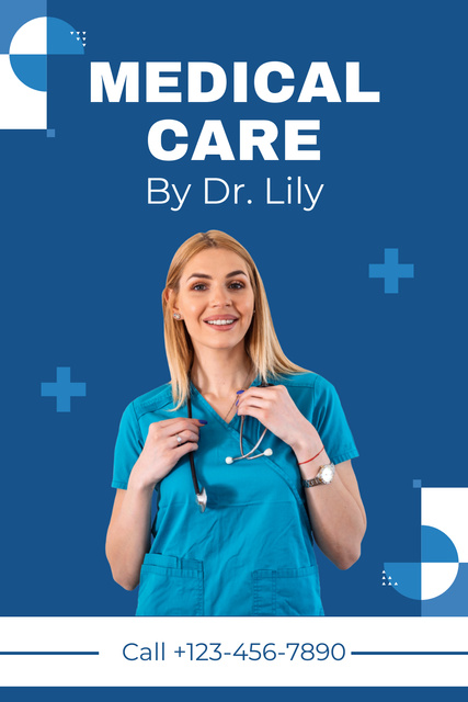 Medical Care with Friendly Woman Doctor Pinterest Design Template