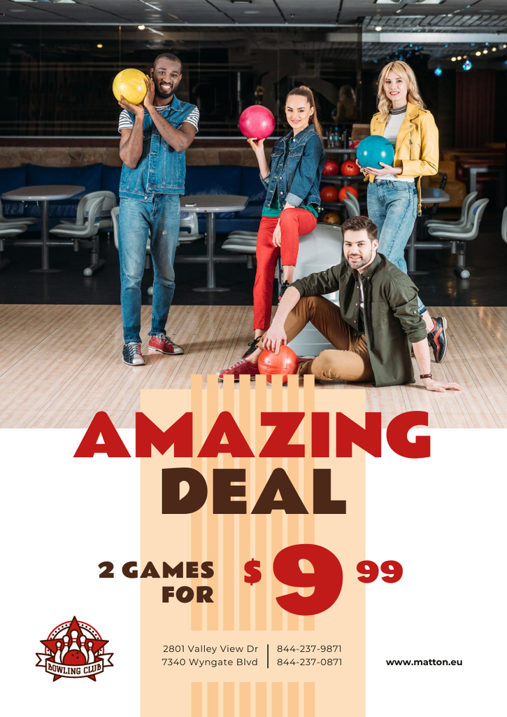 Bowling Offer with Couple with Ball Poster A3 Design Template
