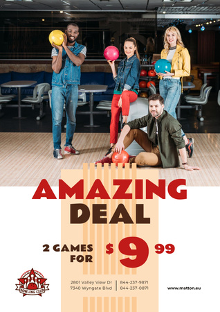 Bowling Offer with Couple with Ball Poster A3 Design Template