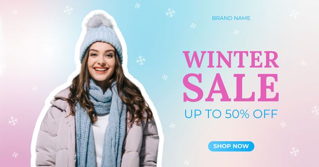 Winter Sale Announcement with Beautiful Woman in Knitted Hat Facebook AD Modelo de Design
