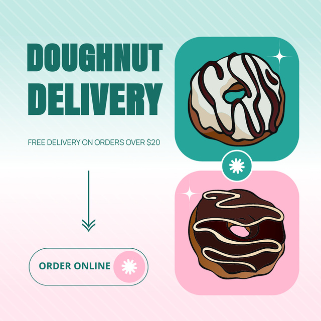 Doughnut Delivery Promo with Illustration of Cute Donuts Instagram ADデザインテンプレート