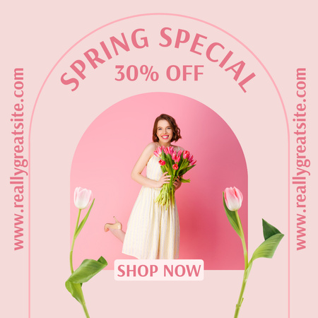 Plantilla de diseño de Anuncio de venta de primavera con mujer con ramo de tulipanes Instagram 