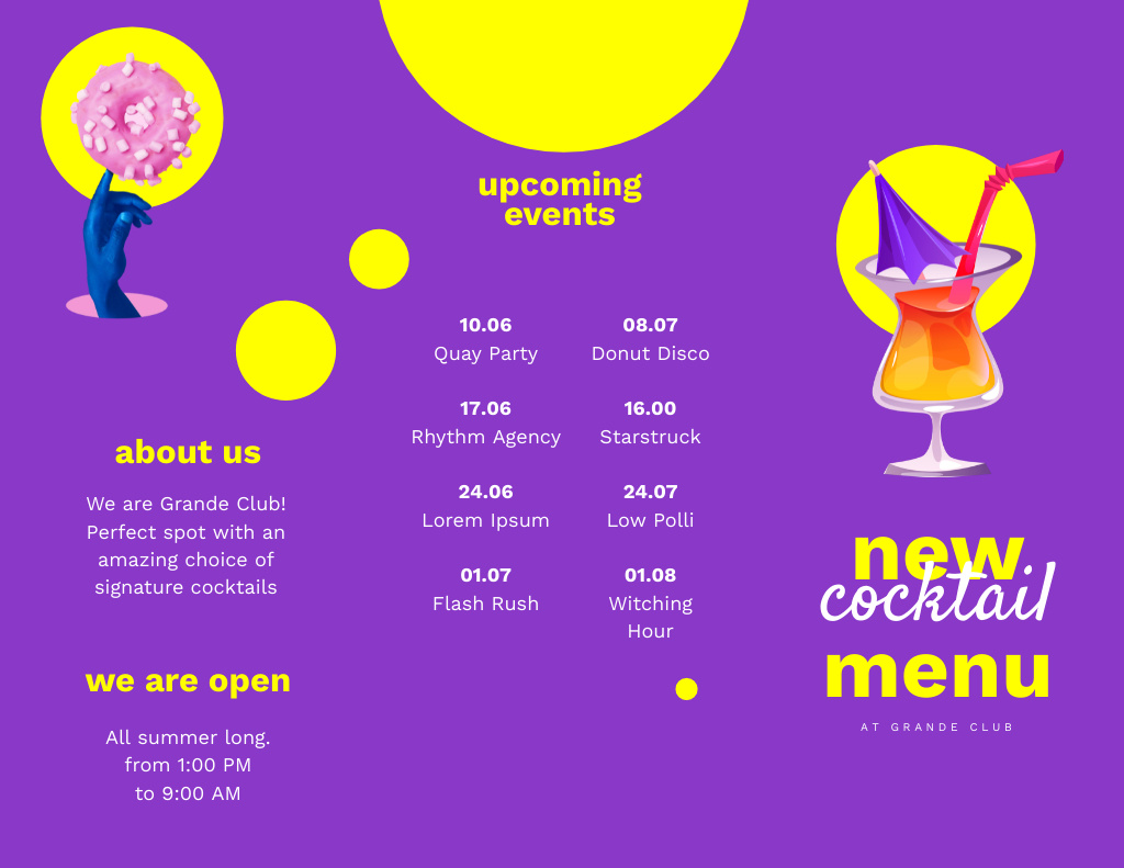 New Cocktail Menu Ad with Glass and Donut in Purple Brochure 8.5x11in Z-fold Tasarım Şablonu