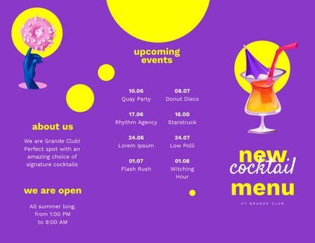 New Cocktail Menu Ad with Glass and Donut in Purple Brochure 8.5x11in Z-fold – шаблон для дизайну