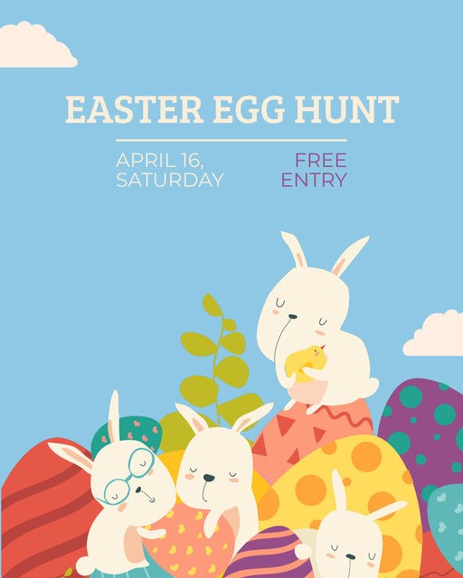 Plantilla de diseño de Easter Egg Hunt Ad with Cute White Bunnies and Colorful Eggs Instagram Post Vertical 