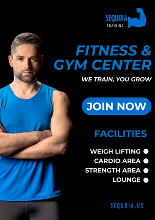 Fitness and Gym Center Ad with Handsome Trainer Poster tervezősablon