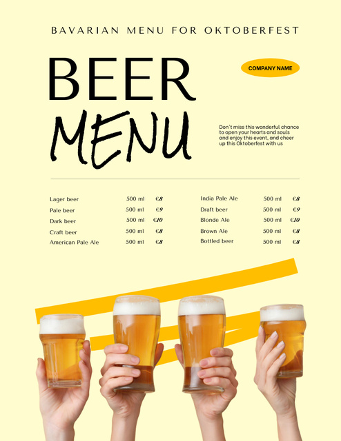 Designvorlage Bavarian Beer Offer For Oktoberfest In Yellow für Menu 8.5x11in