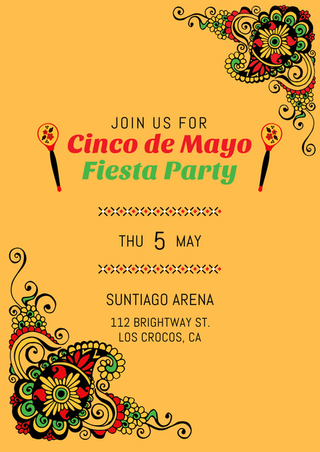 Cinco de Mayo Party Announcement With Ornament And Maracas Poster A3 Design Template