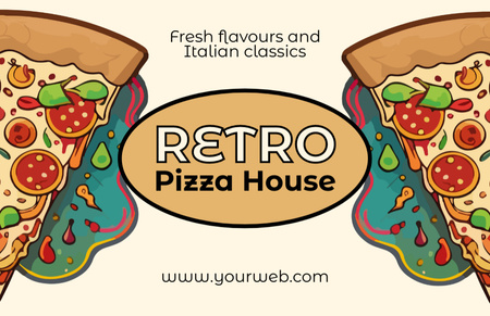 Ontwerpsjabloon van Business Card 85x55mm van Pizzeria-embleem met pizza-illustratie