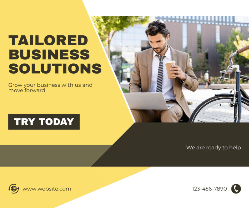 Marketing Agency Services with Businessman Drinking Coffee Facebook Design Template