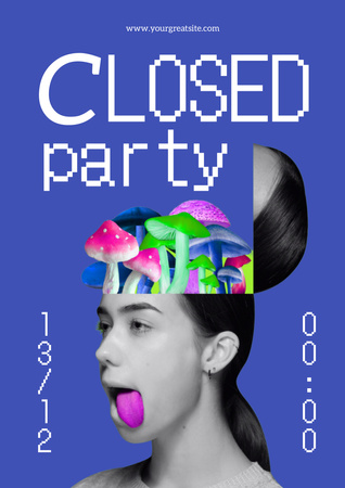 Party Announcement with Bright Mushrooms in Girl's Head Poster A3 Tasarım Şablonu