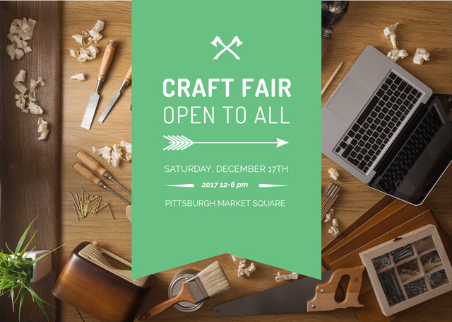 Craft Fair Announcement with Wooden Toy and Tools Postcardデザインテンプレート