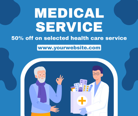 Egészségügyi szolgáltatások ajánlata tablettákkal rendelkező orvos illusztrációjával Facebook tervezősablon