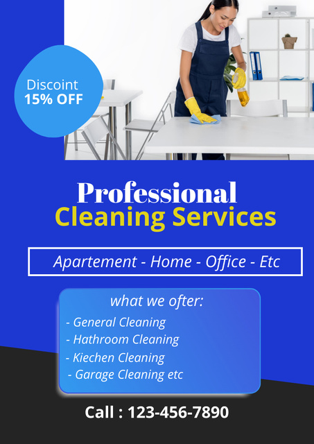 Designvorlage Cleaning Services Offer with Woman in Uniform für Poster A3