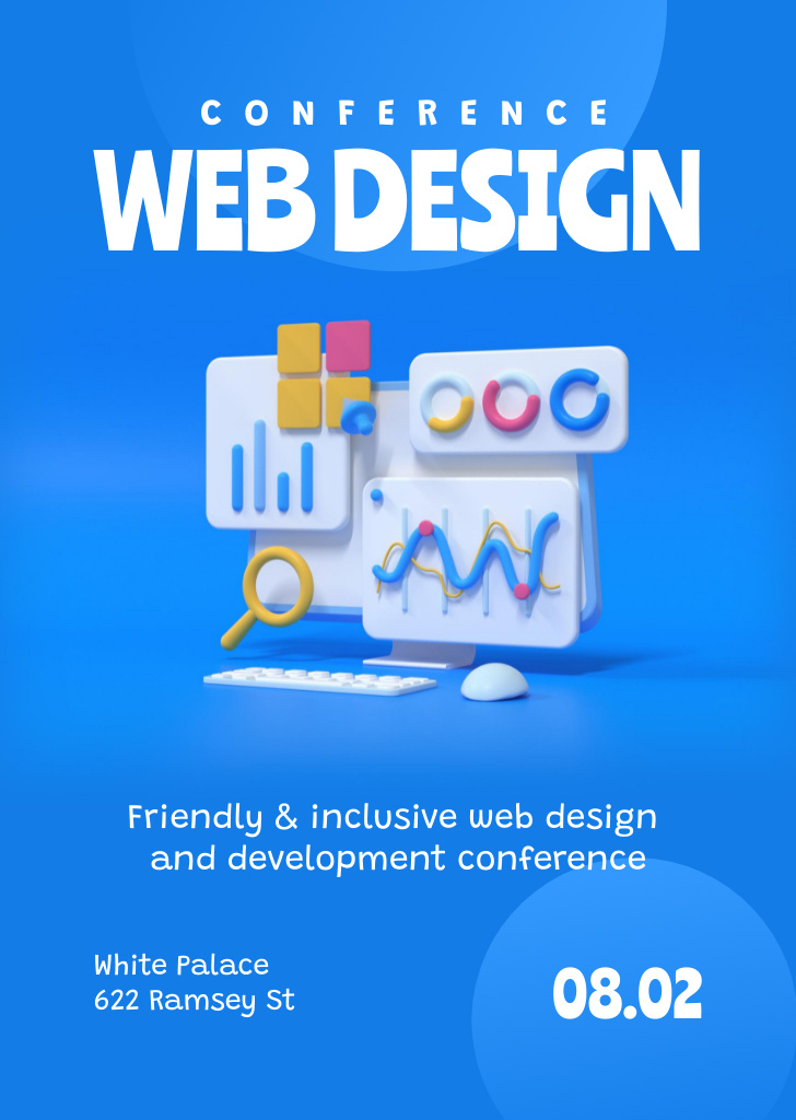 Web Design Conference Announcement with Icons on Blue Flyer A6デザインテンプレート