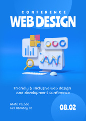 Web Design Conference Announcement with Icons on Blue