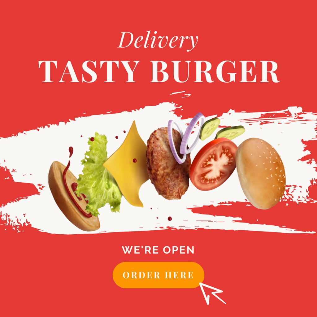 Tasty Burger Delivery Offer in Red Paint Instagram Tasarım Şablonu