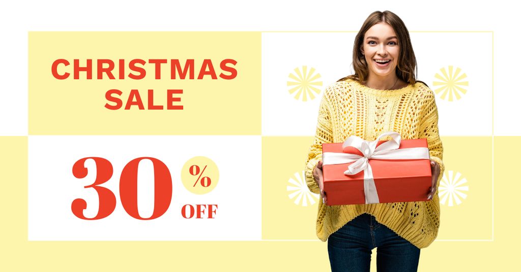 Platilla de diseño Woman with Gift Box on Christmas Sale Yellow Facebook AD
