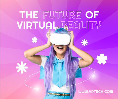 Designvorlage Virtual-Reality-Site-Werbung mit Mädchen in VR-Brille für Facebook