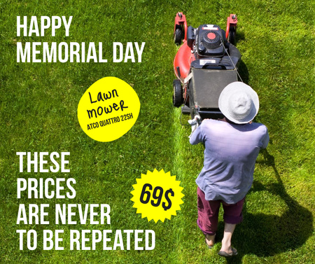 Memorial Day Sale Announcement with Man and Lawnmower Facebook Design Template