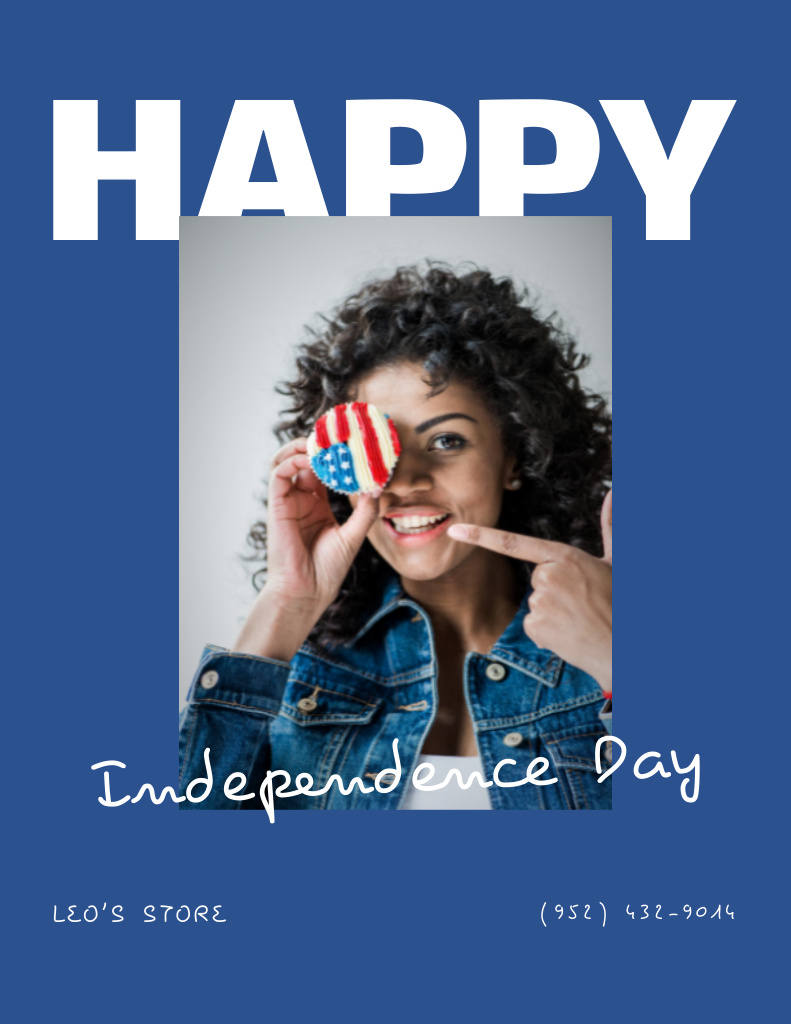 USA Independence Day Celebration with Smiling Woman Poster 8.5x11in Šablona návrhu