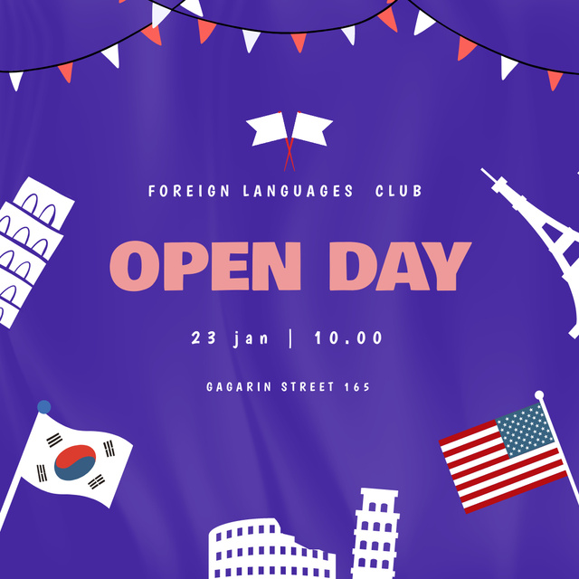 Foreign Languages Club Opening Day Announcement Instagramデザインテンプレート
