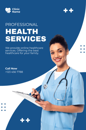 Healthcare Services with Smiling Woman Doctor Pinterest Design Template