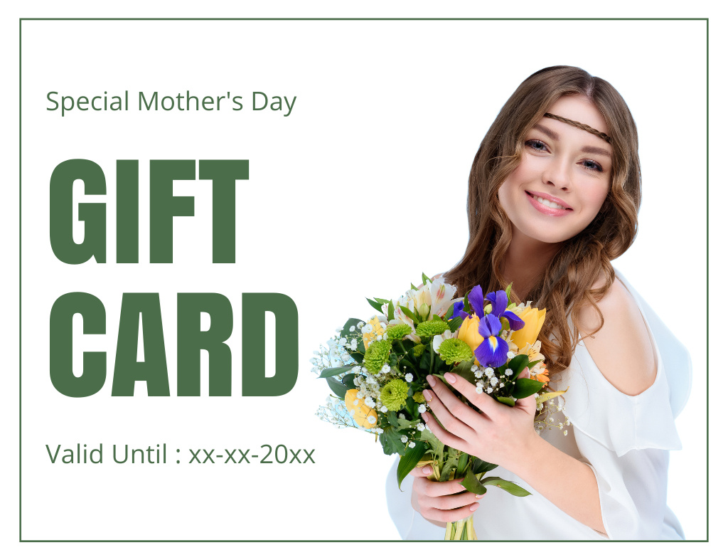 Mother's Day Offer with Beautiful Woman with Flowers Thank You Card 5.5x4in Horizontal Šablona návrhu