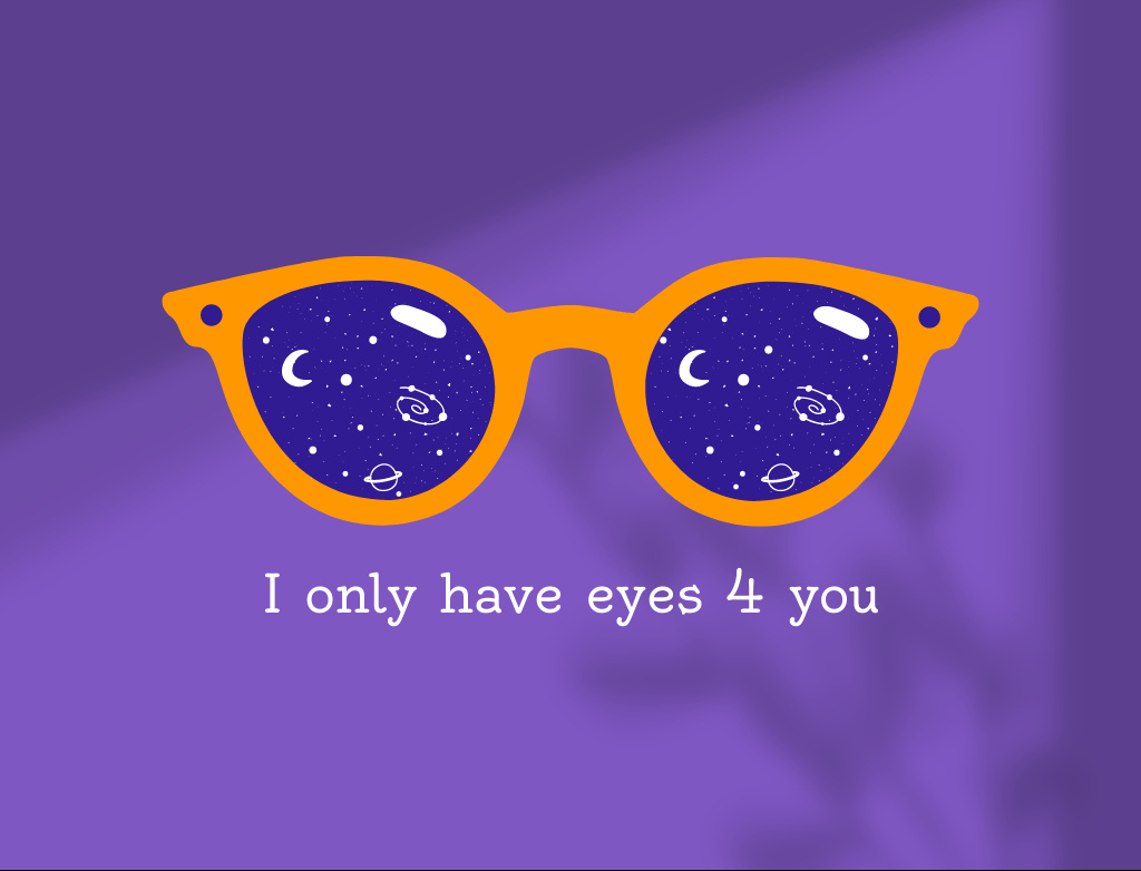 Love Phrase And Glasses With Cosmic Lens on Purple Postcard 4.2x5.5in Design Template