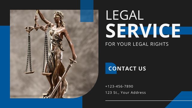 Platilla de diseño Legal Services Ad with Justice Statuette and Scales Title