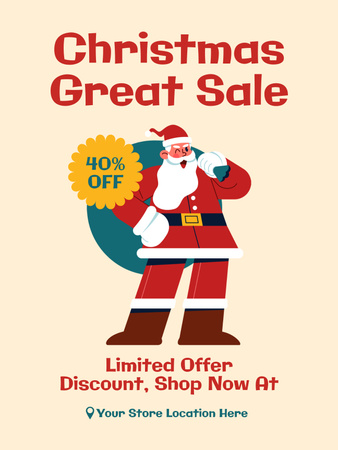 Christmas Great Sale with Cartoon Santa Poster US Design Template