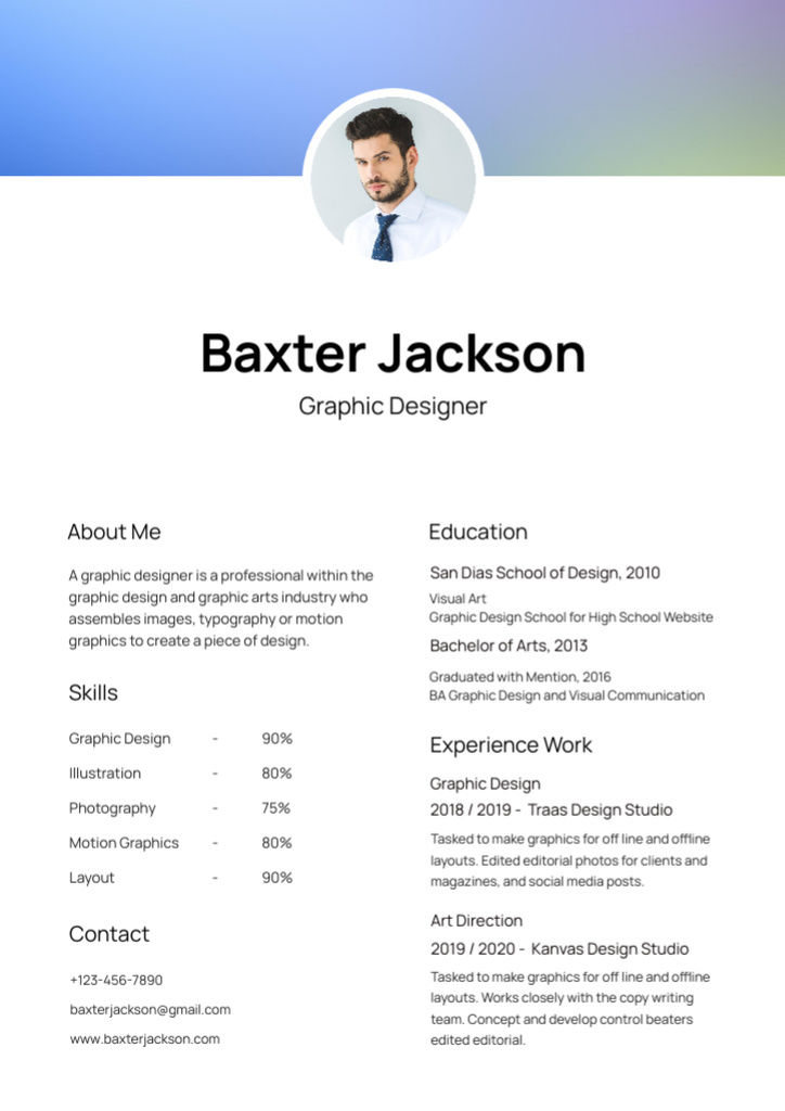 Plantilla de diseño de Graphic Designer Professional Skills and Experience Resume 