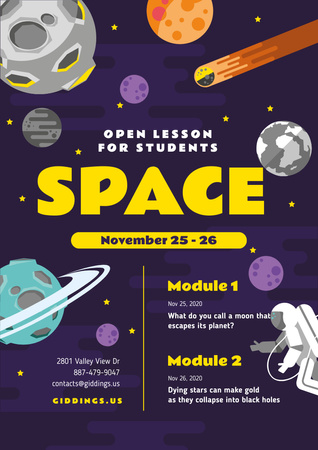 Anúncio da lição espacial com astronauta entre planetas Poster A3 Modelo de Design