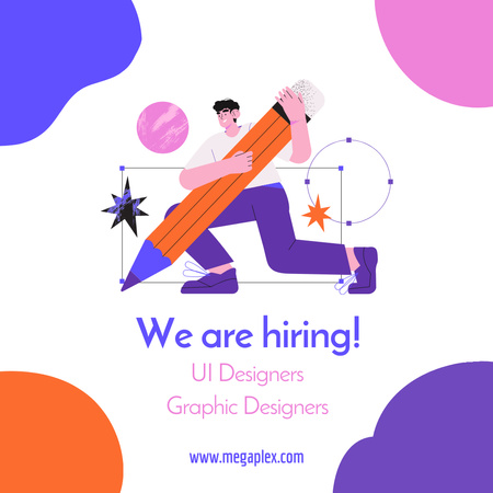 Graphic Designer Vacancy Ad with Illustration of Man with Huge Pencil Instagram Design Template