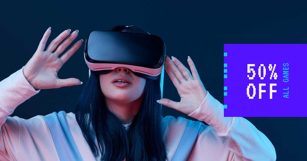 Designvorlage Discount Offer with Woman using VR Glasses für Facebook AD
