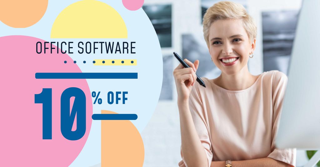 Office Software Offer with Smiling Businesswoman Facebook AD Modelo de Design