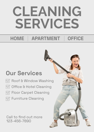 Cleaning Services Ad with Woman with Vacuum Cleaner Flayer – шаблон для дизайна
