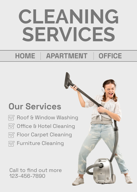 Deep Cleaning Services Ad with Woman with Vacuum Cleaner Flayer Modelo de Design