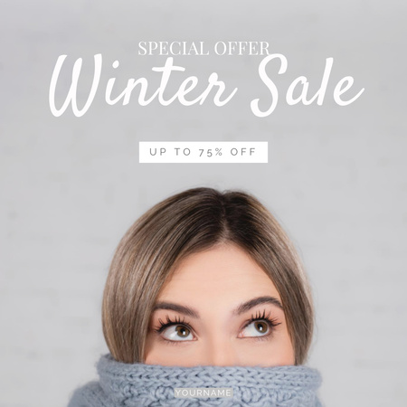 Ontwerpsjabloon van Instagram AD van Winter Sale aanbieding met aantrekkelijke jonge vrouw