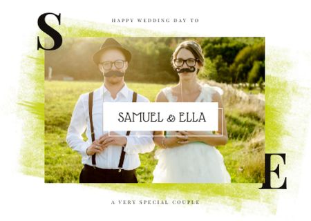 Ontwerpsjabloon van Card van Wedding Greeting Newlyweds with Mustache Masks