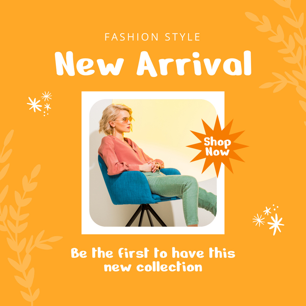 Fashion Sale Ad with Attractive Woman on Blue Chair Instagram Šablona návrhu