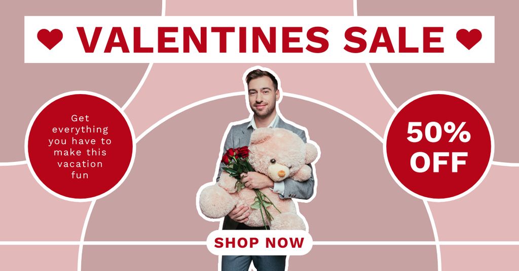 Valentine's Day Sale with Man with Teddy Bear Facebook AD Modelo de Design