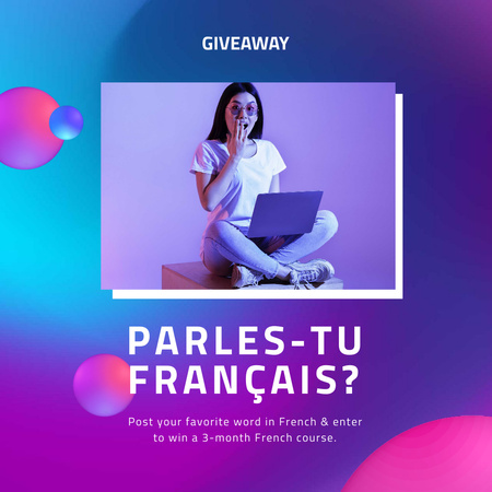 Ontwerpsjabloon van Instagram van French Course Giveaway Ad with Girl holding laptop
