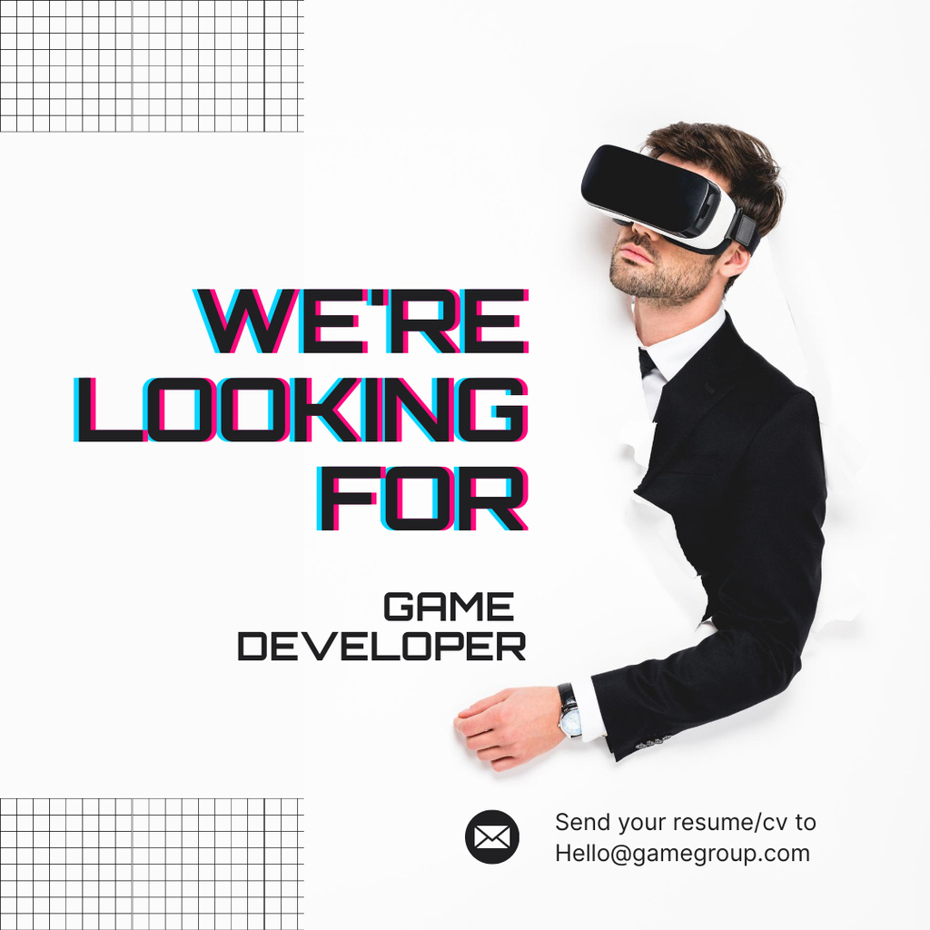 Plantilla de diseño de Game Developer Vacancy Ad with Man in Virtual Reality Glasses Instagram 
