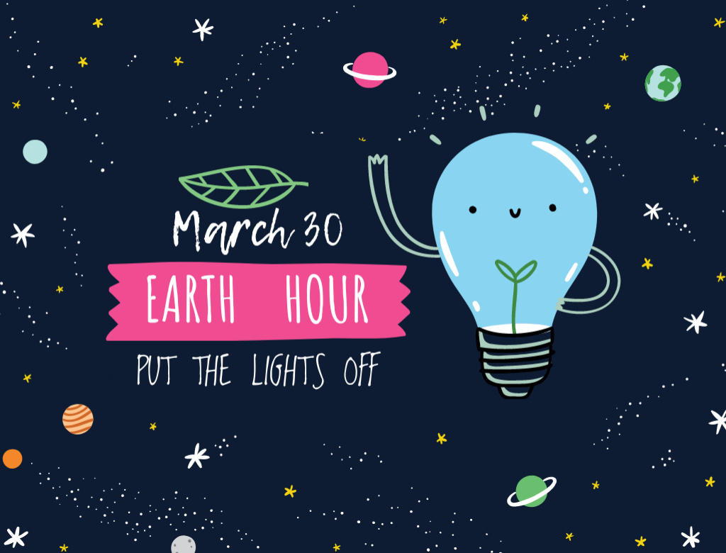 Earth hour Announcement with Smiling Lightbulb Postcard 4.2x5.5in – шаблон для дизайна